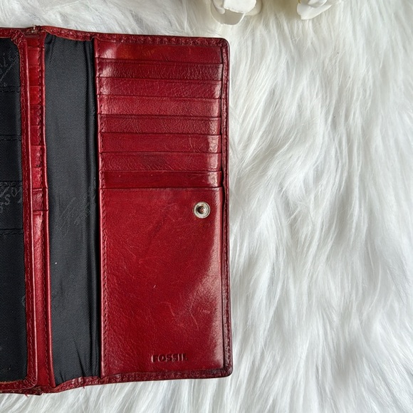 FOSSIL Soft Leather Trifold Billfold Wallet Deep Red Crimson with Stitching - Picture 11 of 12